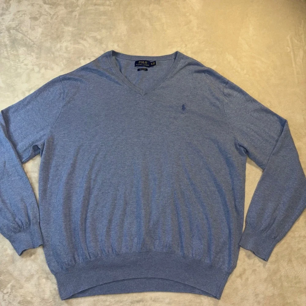 Polo Ralph Lauren Mens XL Pima Cotton V-Neck Sweater Blue Heather Knit Pony Logo